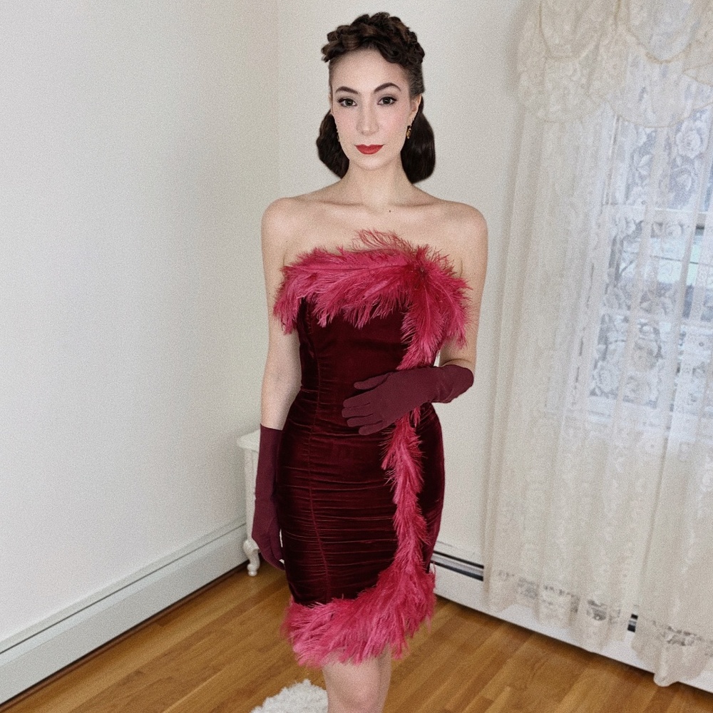 Scarlett Velvet Ostrich Feather Cocktail Dress